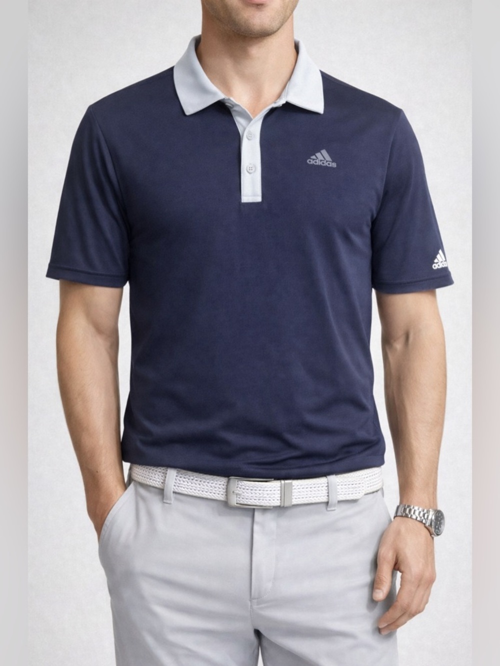 Adidas performance golf polo in a classic navy blue with light gray collar ⛳️